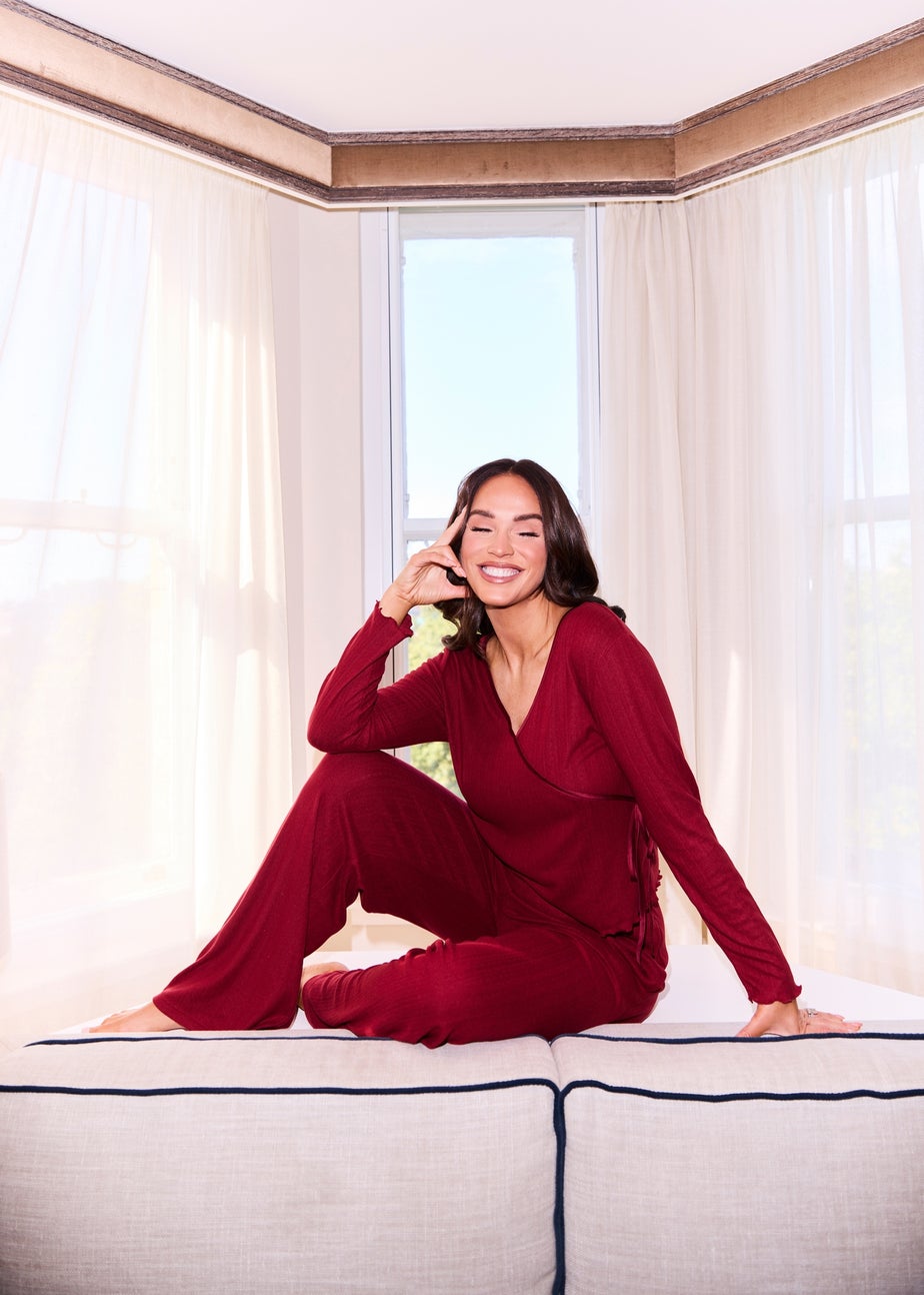 Little Mistress Burgundy Pointelle Wrap Top and Trouser Lounge Set  by Vicky Pattison