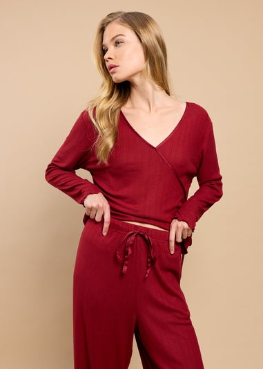 Little Mistress Burgundy Pointelle Wrap Top and Trouser Lounge Set by Vicky Pattison