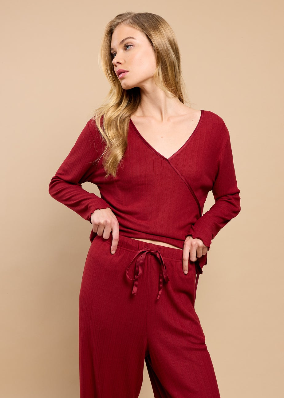 Little Mistress Burgundy Pointelle Wrap Top and Trouser Lounge Set by Vicky Pattison