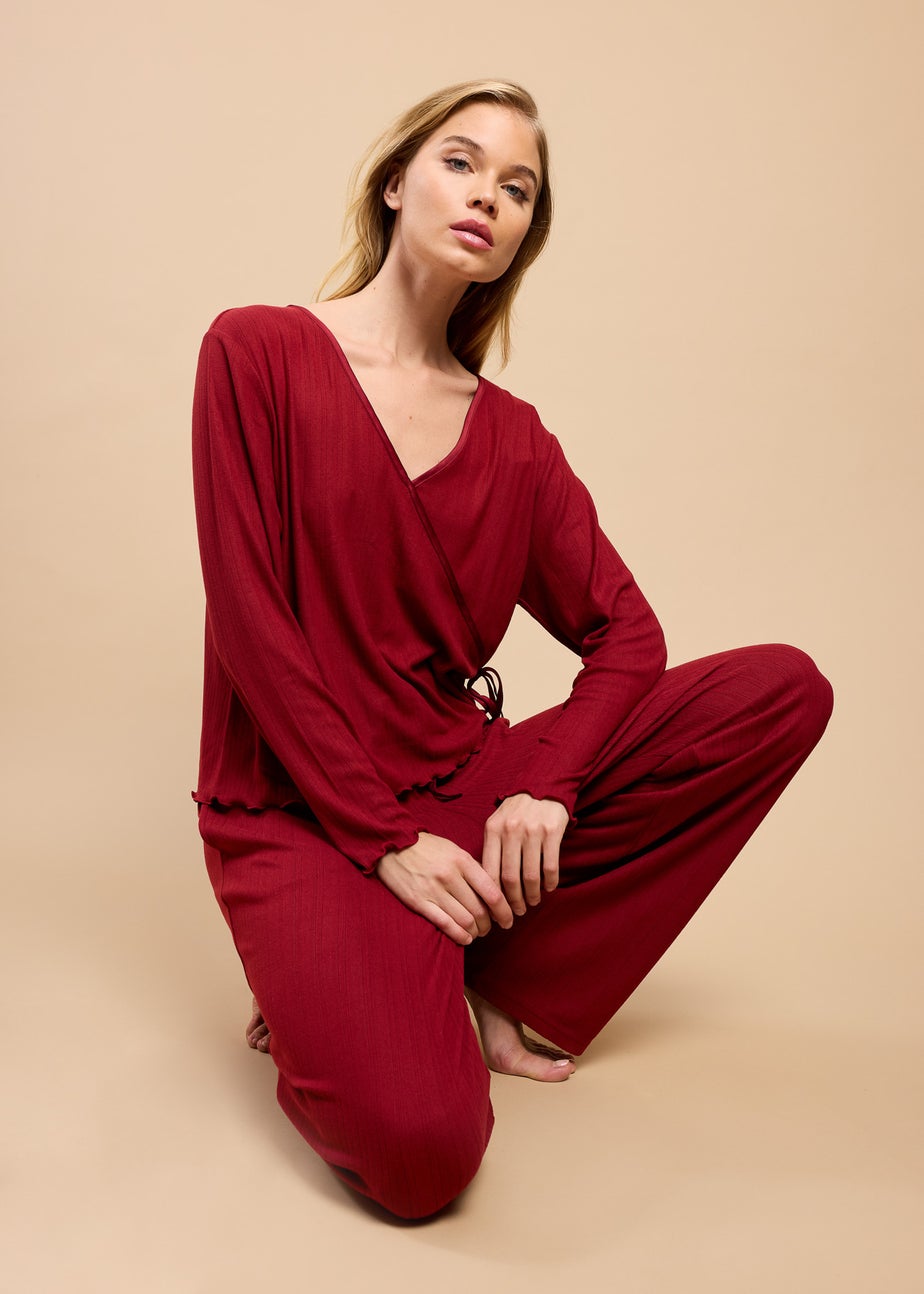 Little Mistress Burgundy Pointelle Wrap Top and Trouser Lounge Set by Vicky Pattison