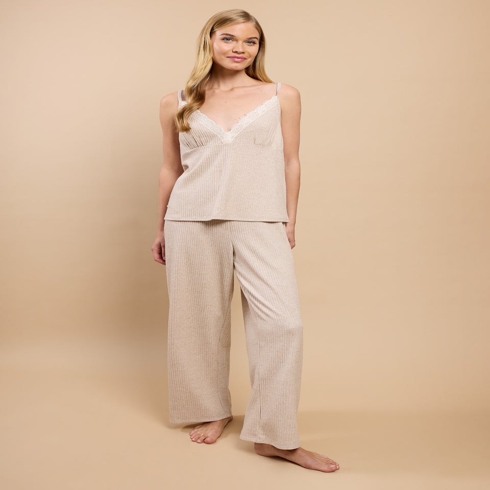 Little Mistress Oatmeal Pointelle Cami And Trouser Lounge Set by Vicky Pattison