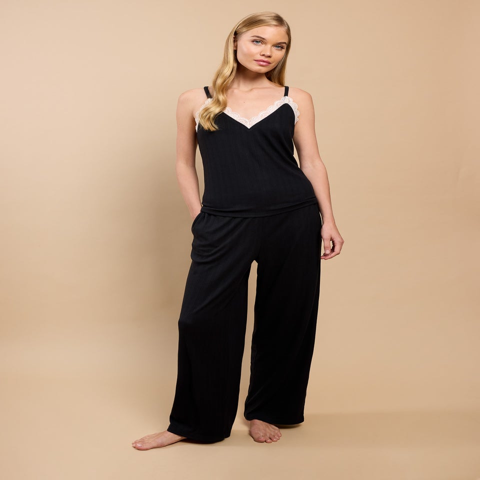 Little Mistress Black Pointelle Cami And Trouser Lounge Set by Vicky Pattison