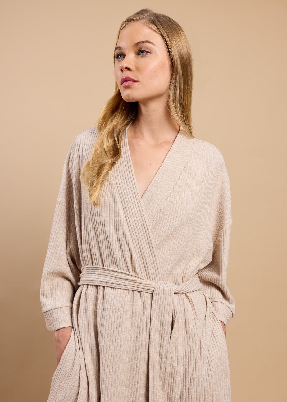 Little Mistress Oatmeal Ribbed Dressing Gown by Vicky Pattison