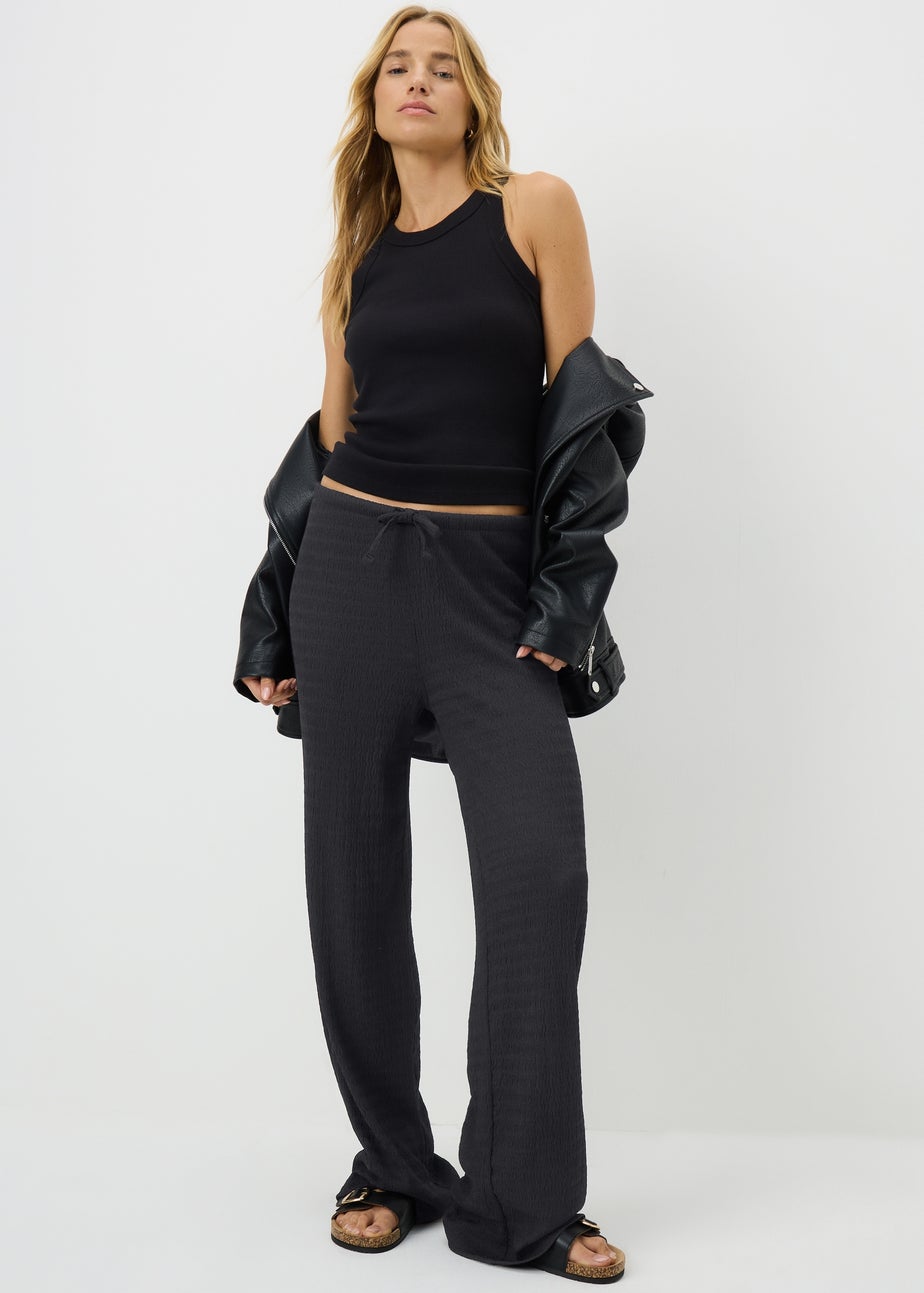 Black Textured Wide Leg Trousers