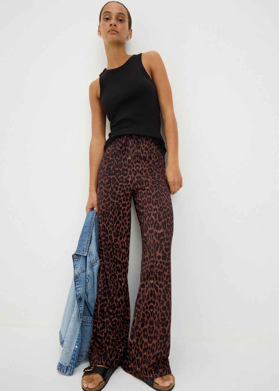 Brown Textured Wide Leg Trousers