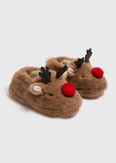 Kids Brown Reindeer Slippers (Younger 4/5-Older 12/13)