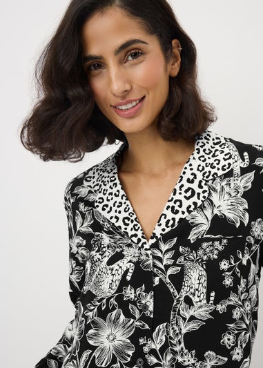 Black Floral Leopard Print Traditional Pyjama Set