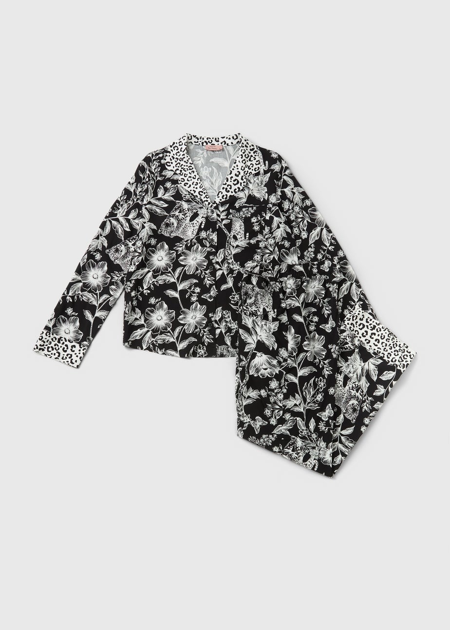 Black Floral Leopard Print Traditional Pyjama Set