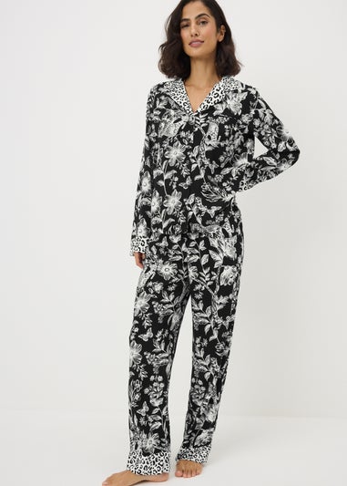 Black Floral Leopard Print Traditional Pyjama Set