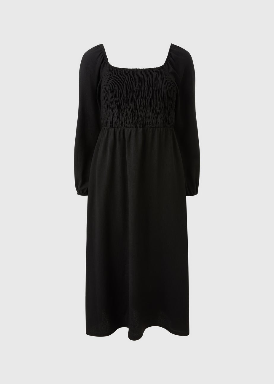 Black Shirred Long Sleeve Midi Dress