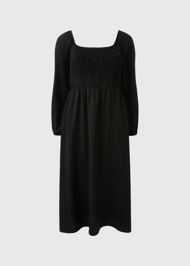Black Shirred Long Sleeve Midi Dress
