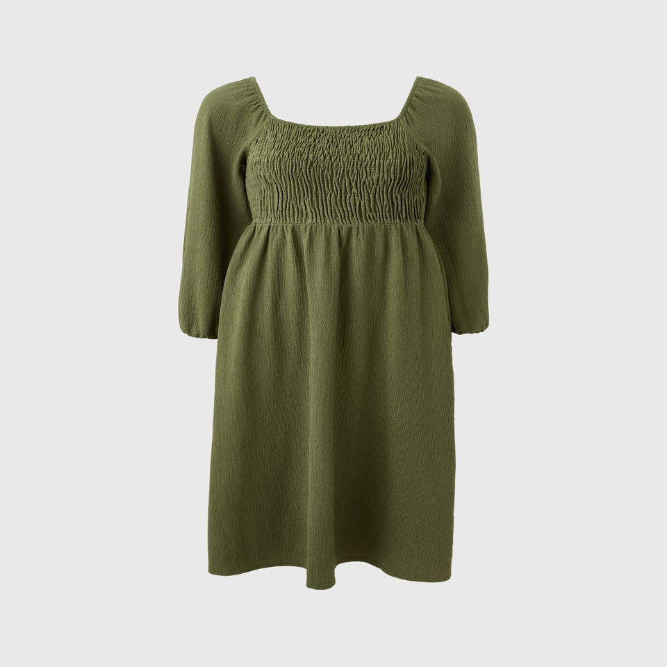 Green Shirred Tea Dress