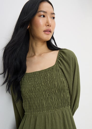 Green Shirred Tea Dress