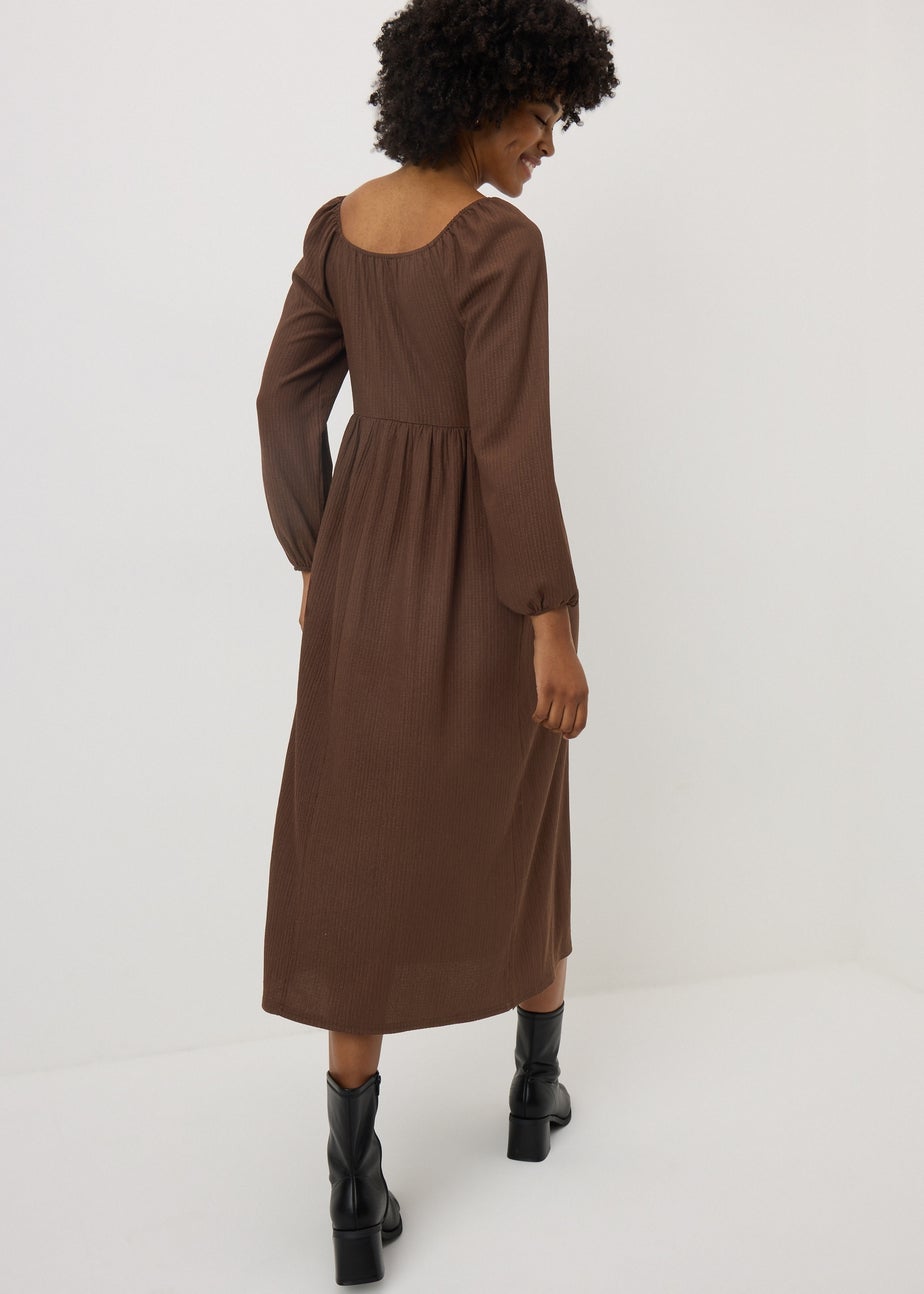 Brown Shirred Midi Dress
