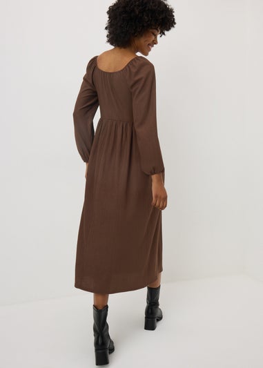 Brown Shirred Midi Dress