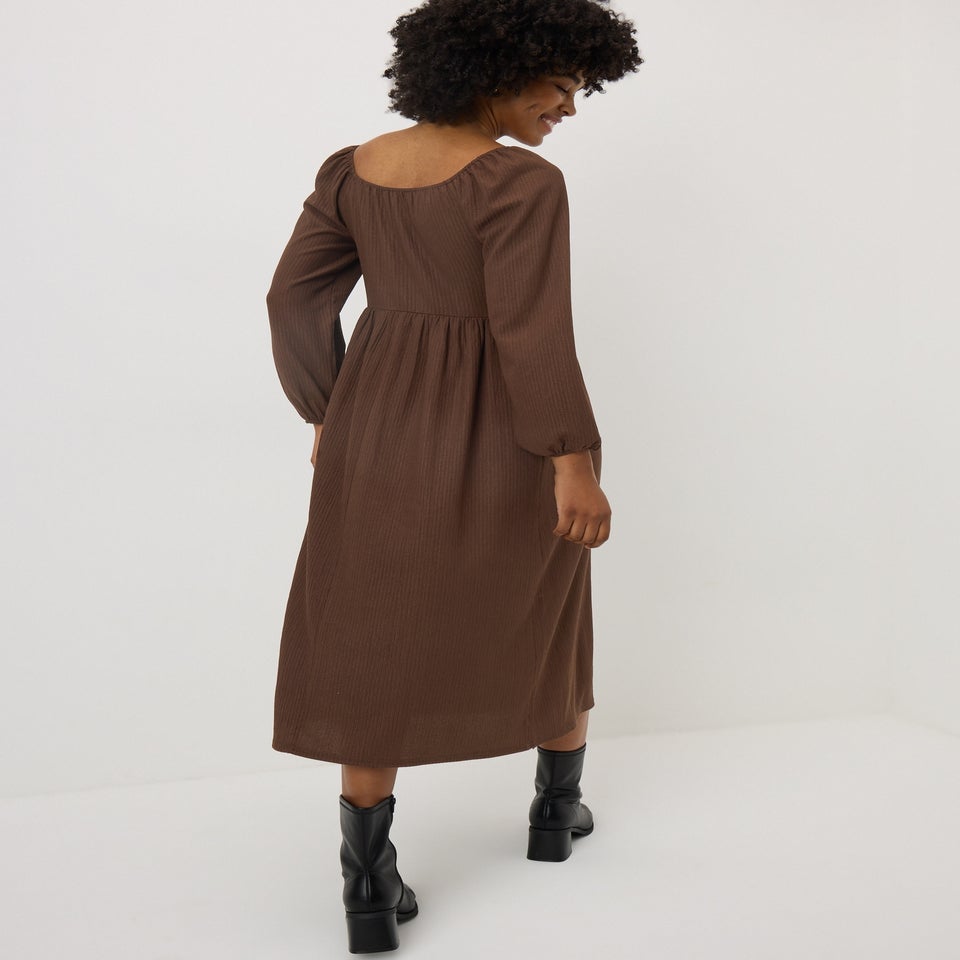Brown Shirred Midi Dress