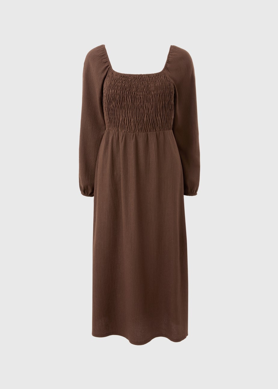 Brown Shirred Midi Dress