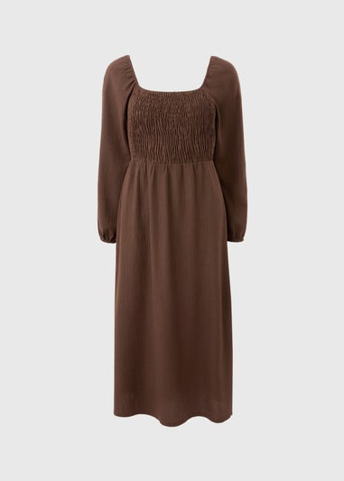 Brown Shirred Midi Dress