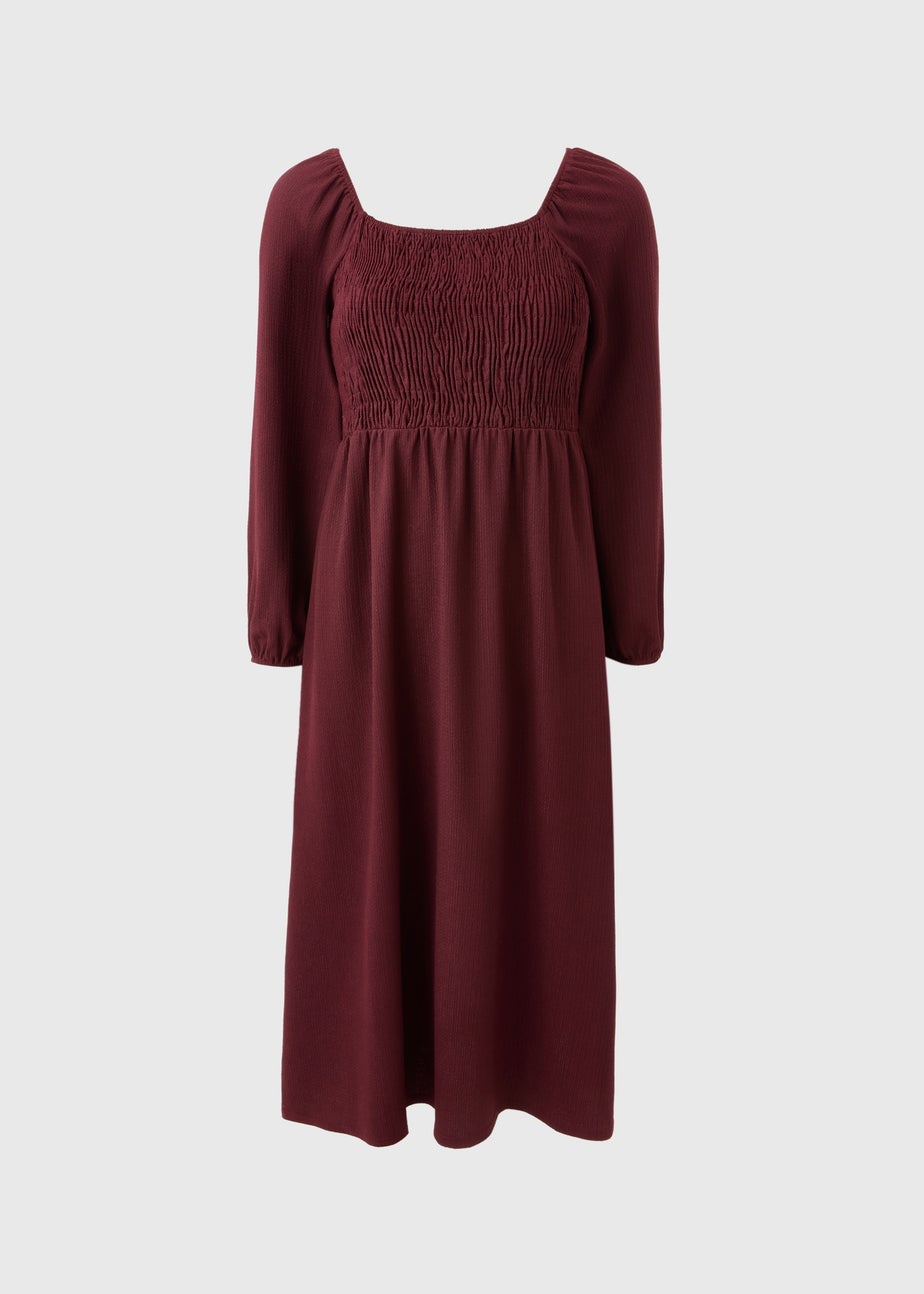 Burgundy Shirred Long Sleeve Midi Dress