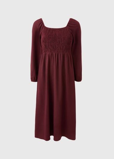 Burgundy Shirred Long Sleeve Midi Dress