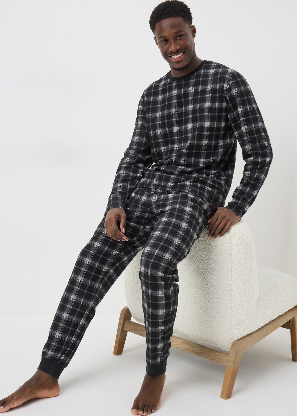 Black Mono Check Fleece Pyjama Set