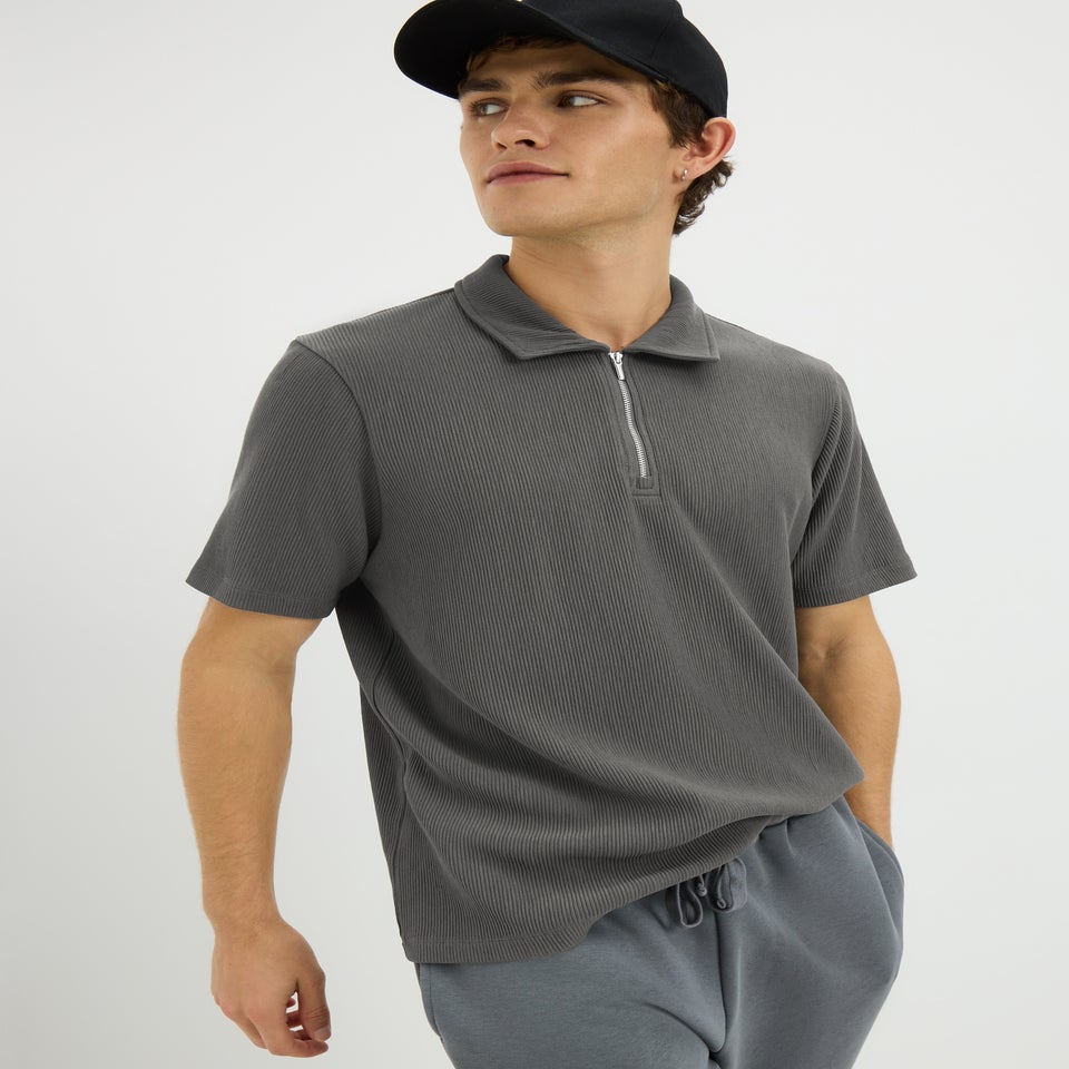 Grey Smart Ribbed Polo Top