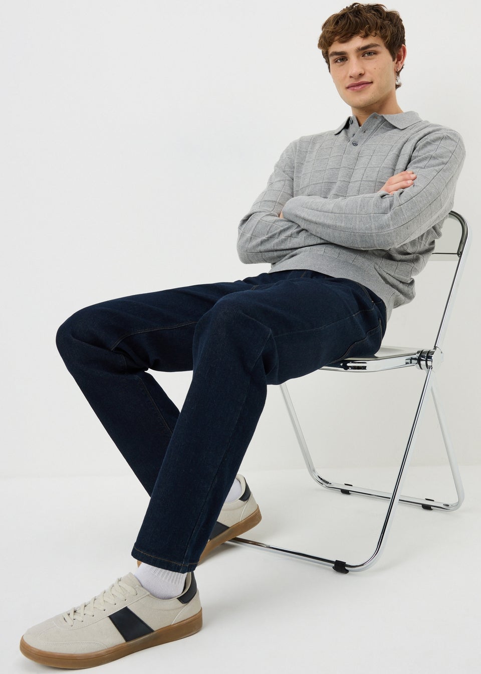 Grey Knitted Long Sleeve Polo Shirt