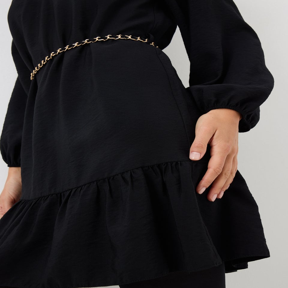 Black Belted High Neck Mini Dress