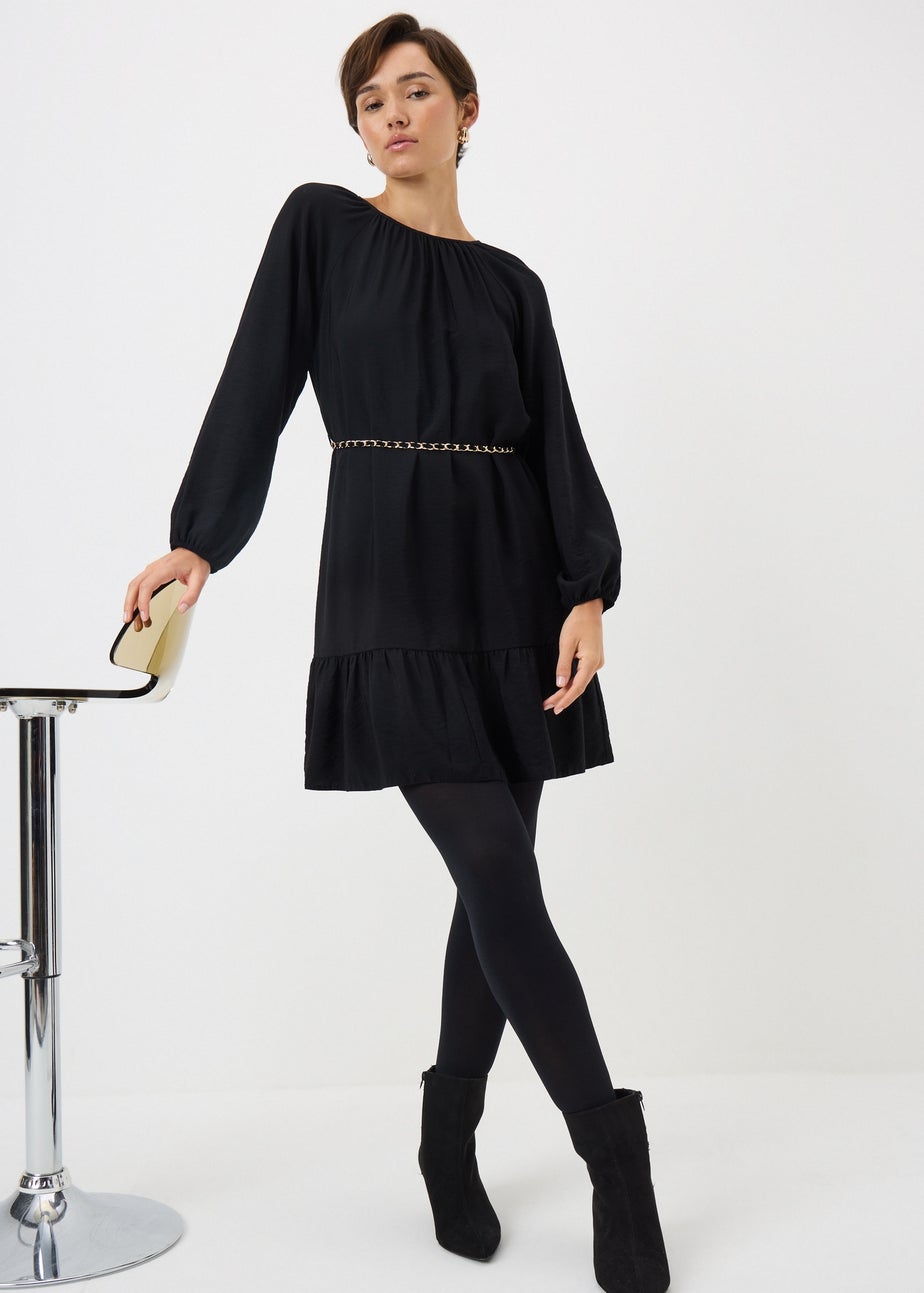 Black Belted High Neck Mini Dress