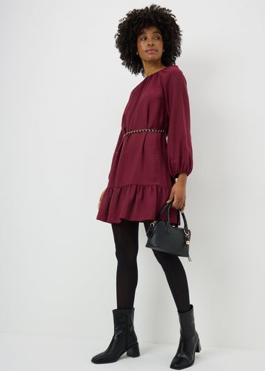 Burgundy Belted High Neck Mini Dress