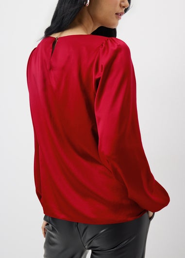 Red Drape Neck Satin Blouse