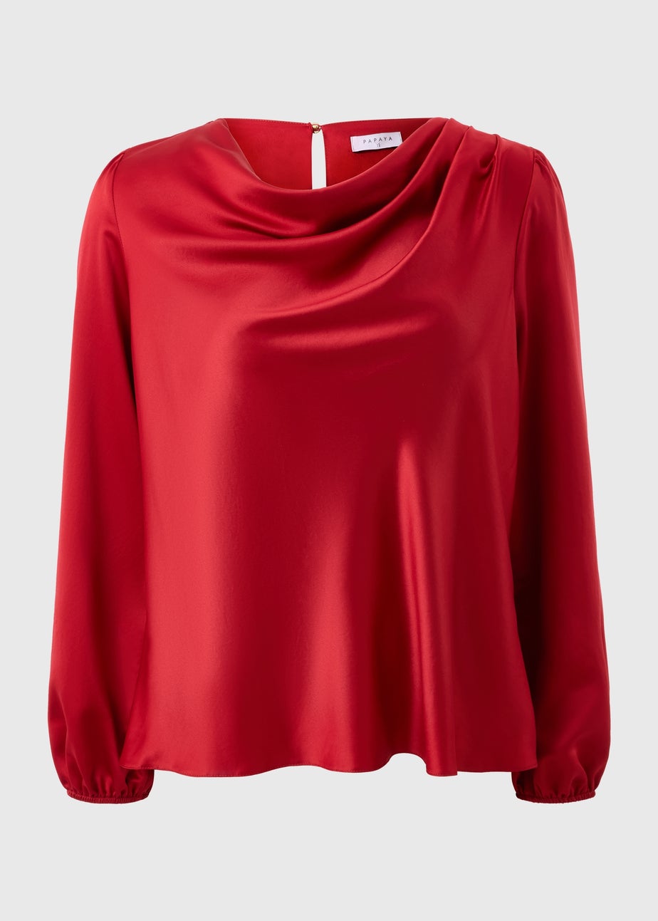 Red Drape Neck Satin Blouse