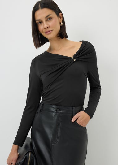 Black Hardware Drape Long Sleeve Top