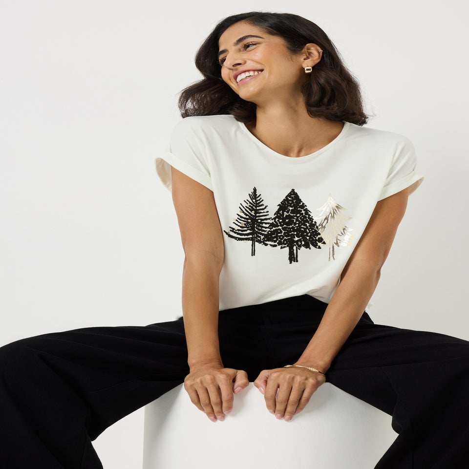 Ivory Christmas Tree Print T Shirt