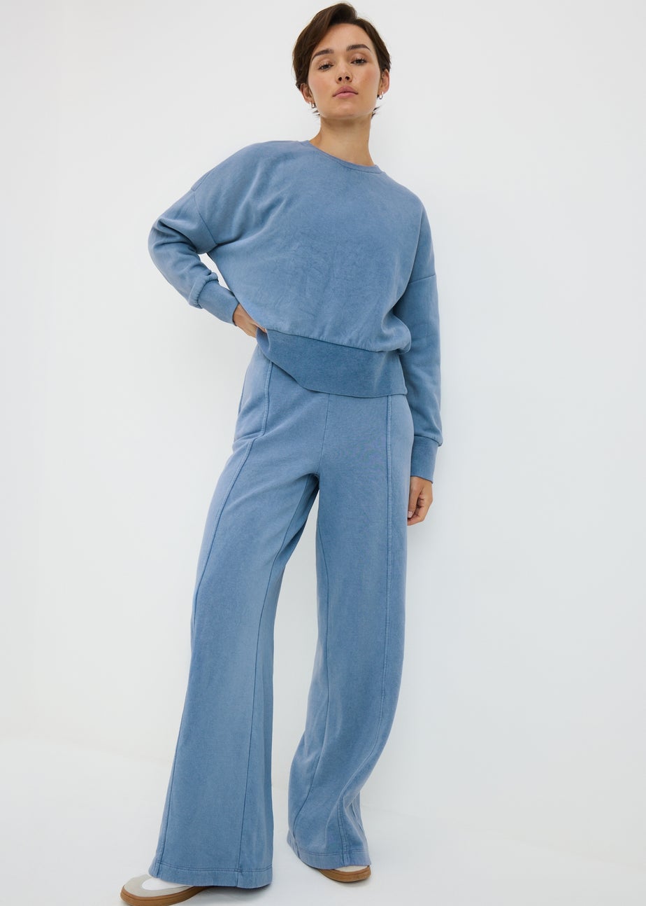 Light Blue Acid Wash Wide Leg Jogging Bottoms
