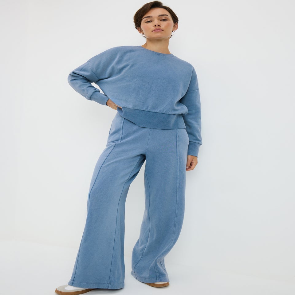 Light Blue Acid Wash Wide Leg Jogging Bottoms