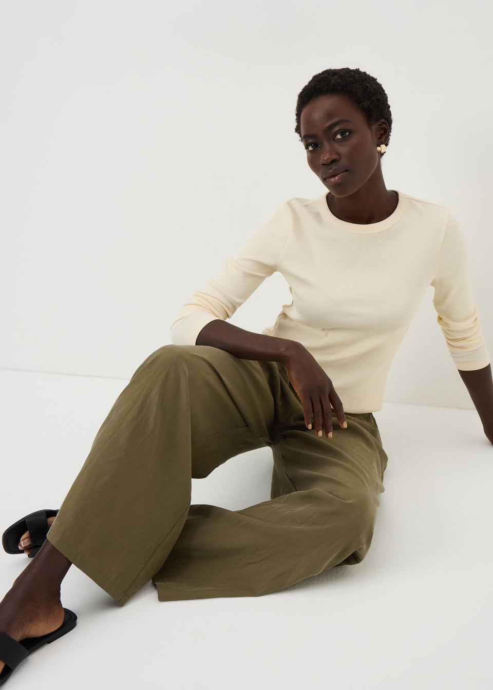 Khaki Woven Wide Leg Trousers.