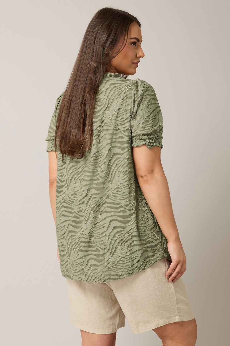 Evans Curve Khaki Green Burnout Print Tie Neck Blouse