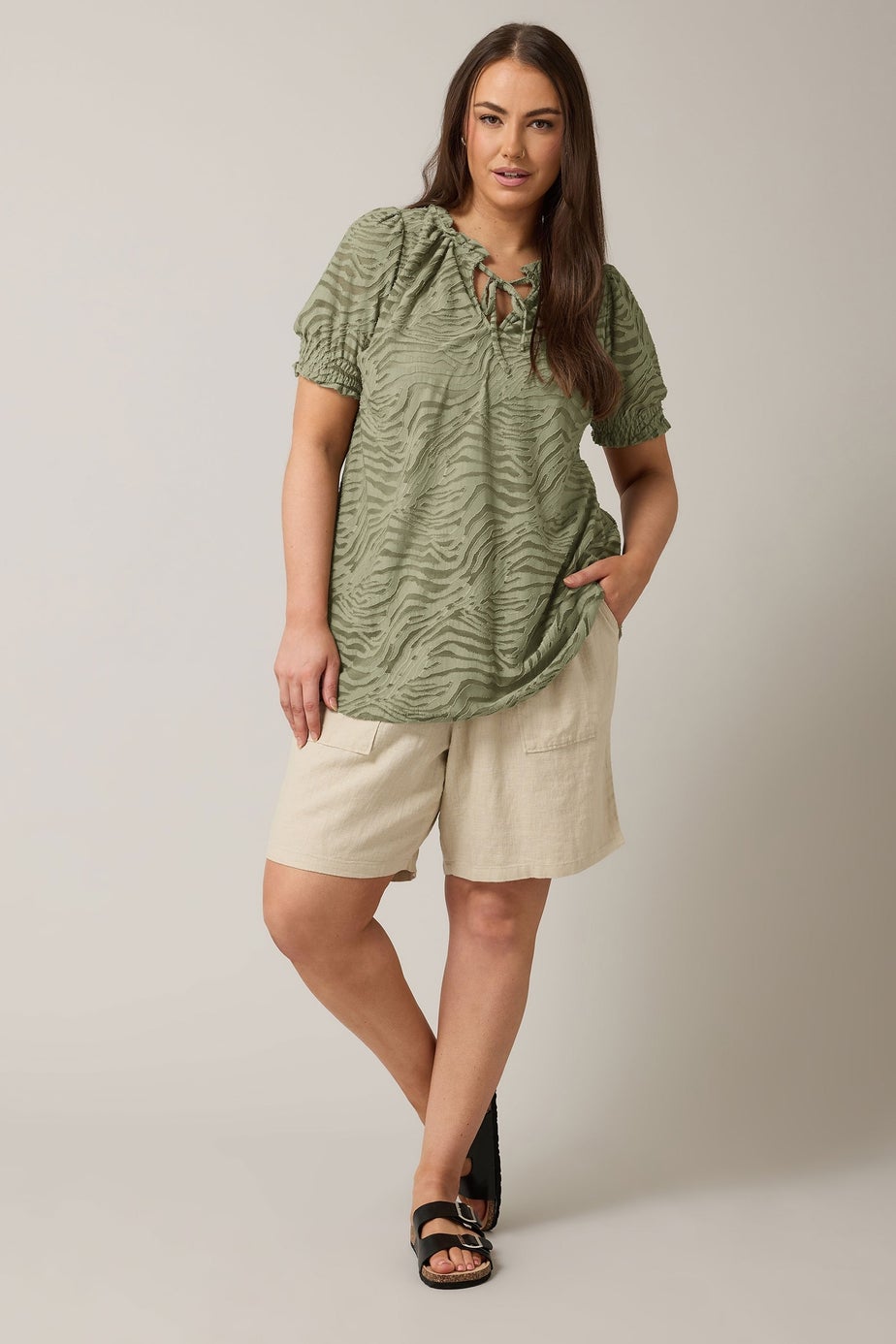 Evans Curve Khaki Green Burnout Print Tie Neck Blouse