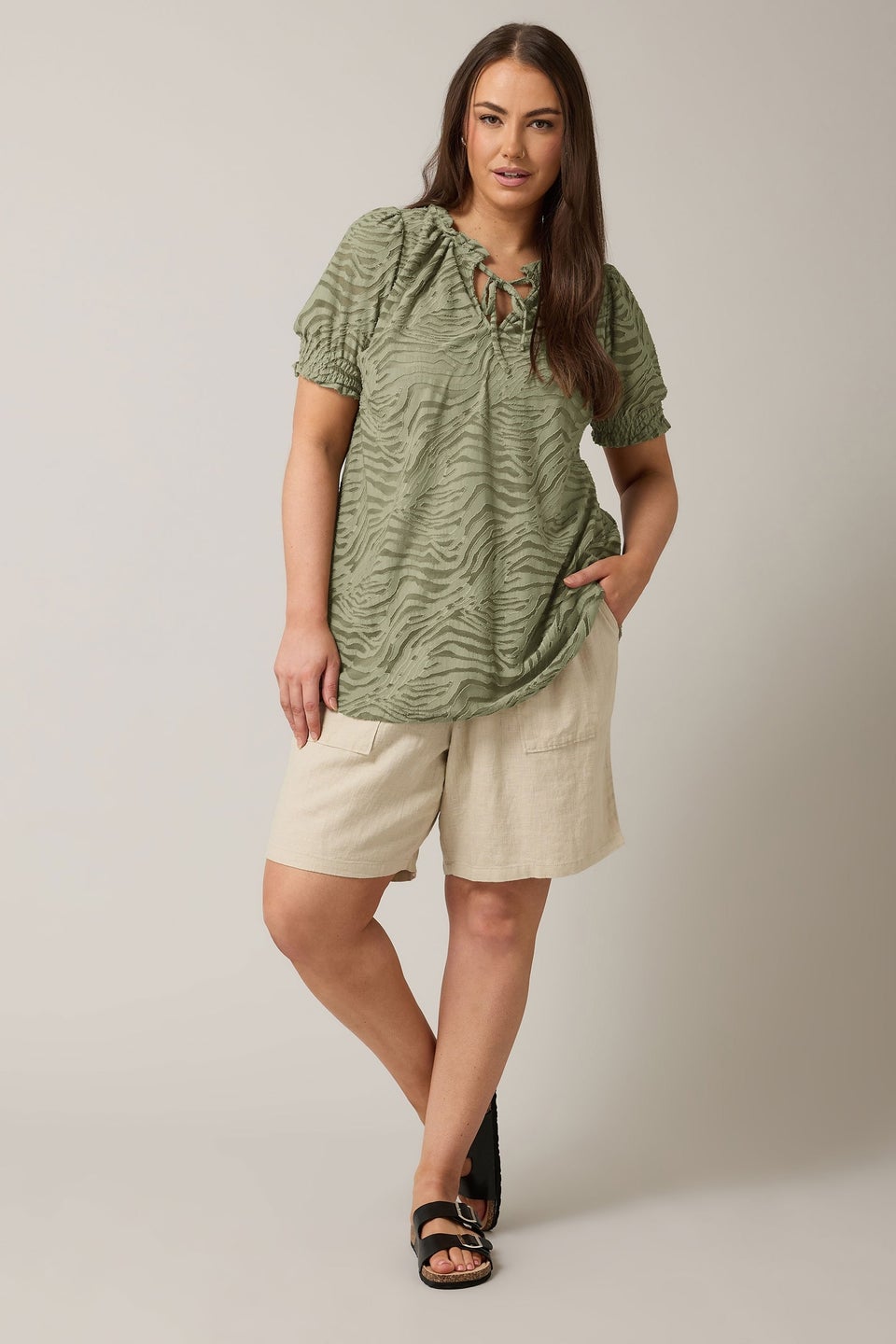 Evans Curve Khaki Green Burnout Print Tie Neck Blouse