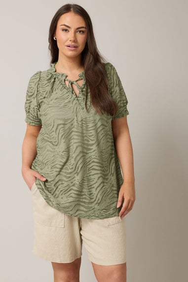 Evans Curve Khaki Green Burnout Print Tie Neck Blouse