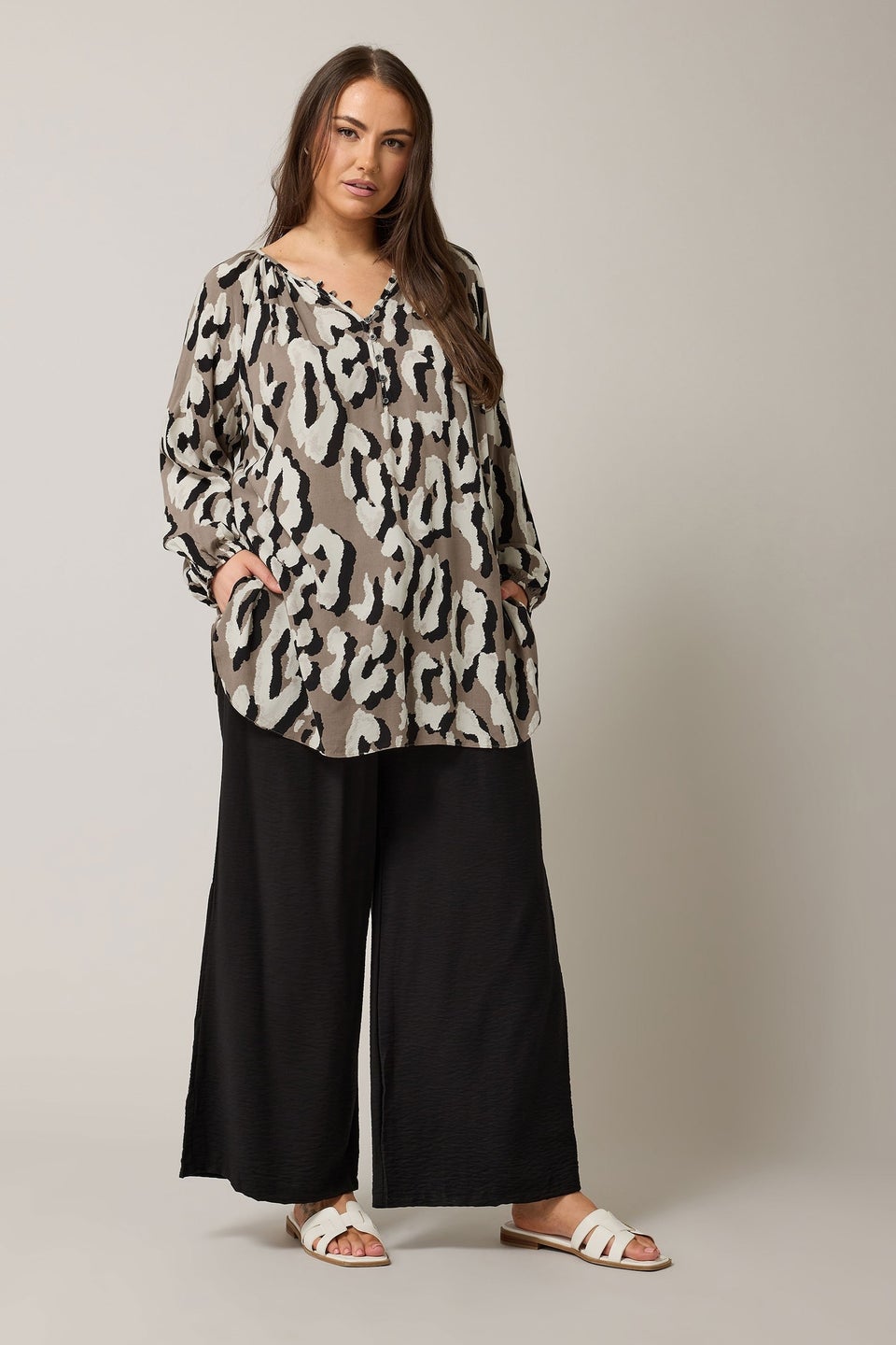 Evans Curve Brown Animal Print Long Sleeve Blouse