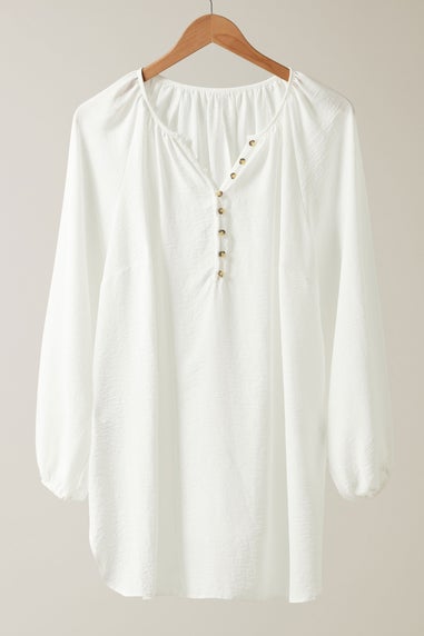 Evans Curve White Button Front Long Sleeve Blouse