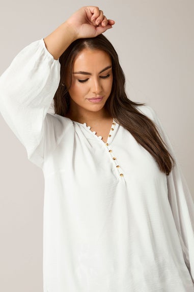 Evans Curve White Button Front Long Sleeve Blouse