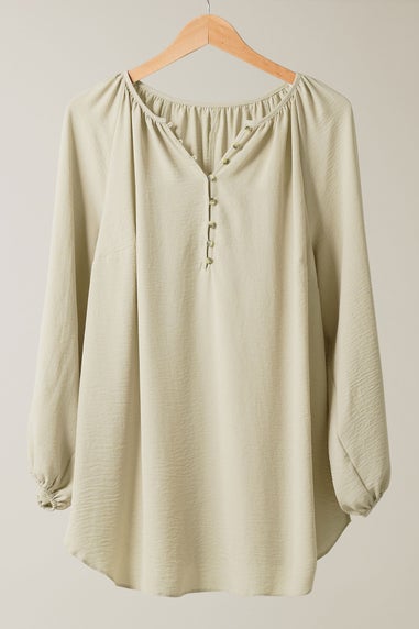 Evans Curve Natural Brown Button Front Long Sleeve Blouse