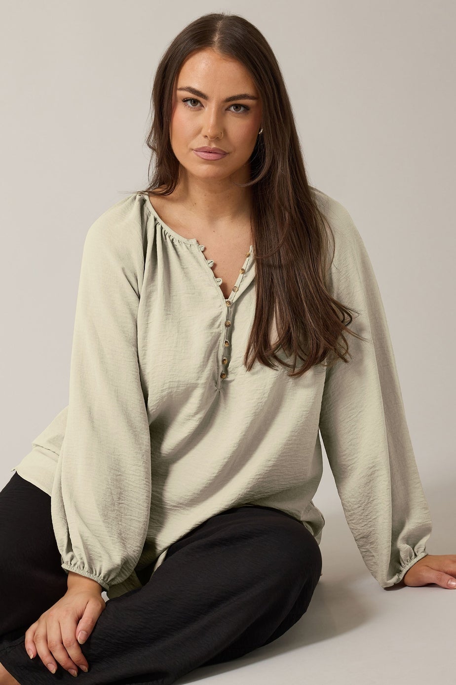 Evans Curve Natural Brown Button Front Long Sleeve Blouse