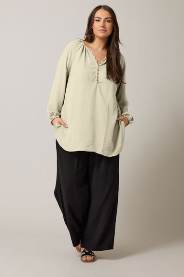 Evans Curve Natural Brown Button Front Long Sleeve Blouse