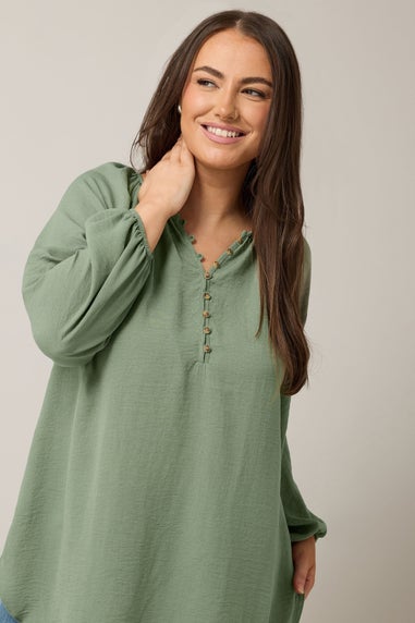 Evans Curve Khaki Green Button Front Long Sleeve Blouse