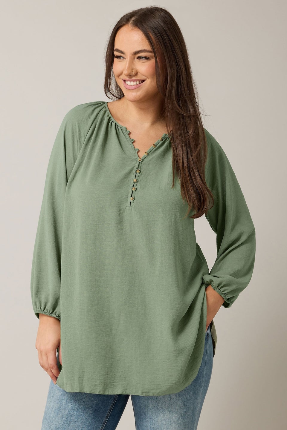 Evans Curve Khaki Green Button Front Long Sleeve Blouse