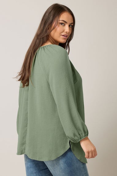 Evans Curve Khaki Green Button Front Long Sleeve Blouse